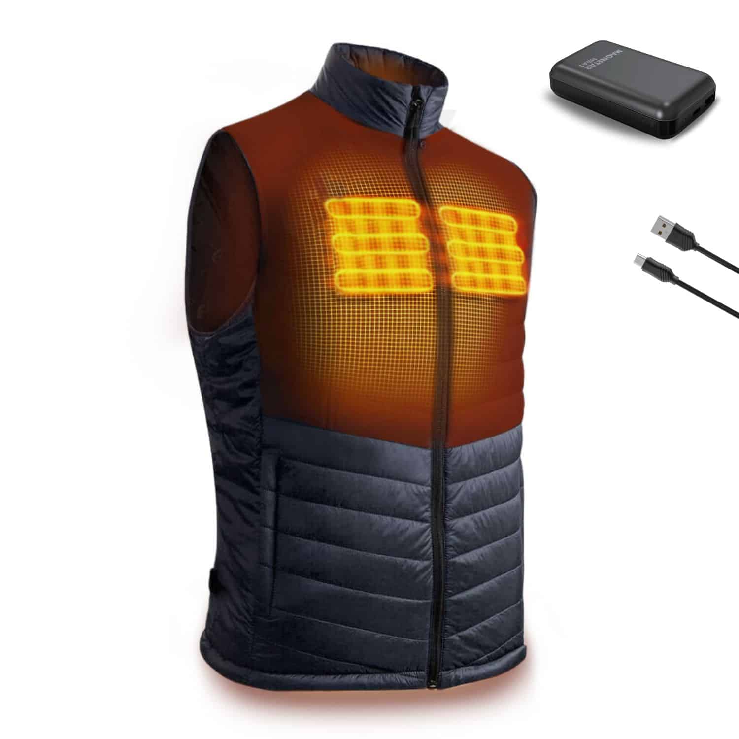 Beheizbare schwarze Steppweste mit Heizflächen im Brustbereich, inklusive Powerbank und USB-Ladekabel, ideal für Outdoor-Aktivitäten.