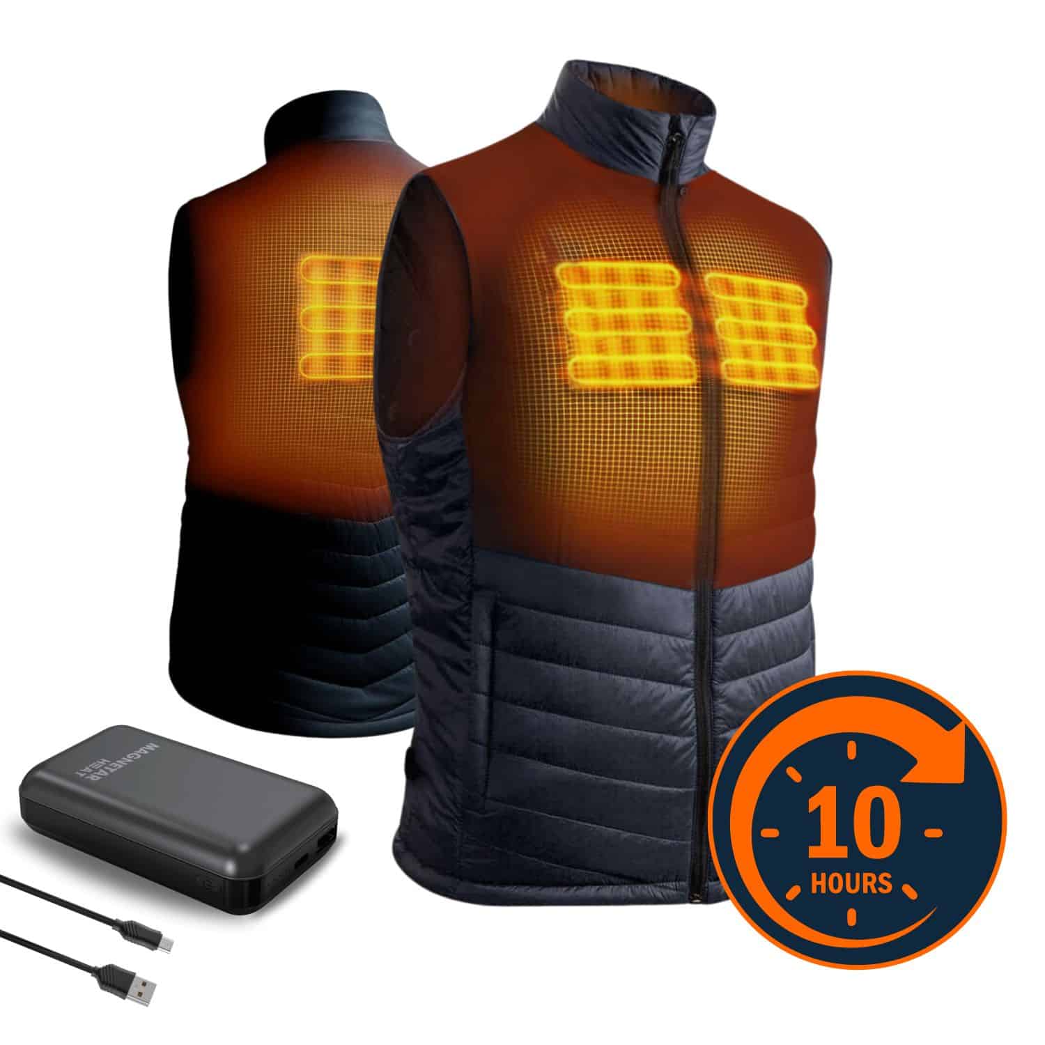 Schwarze beheizbare Steppweste mit Heizflächen vorne und hinten, inklusive Powerbank, bietet bis zu 10 Stunden angenehme Wärme.