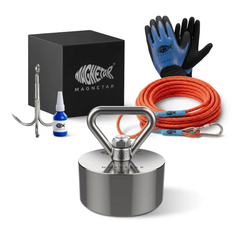 2 Produktfoto eines Pro Magnetfischen-Sets mit Neodym-Bergemagnet, Bergeseil, Handschuhen, Enterhaken, Schraubensicherung und Aufbewahrungsbox für Magnetangeln im Freien
