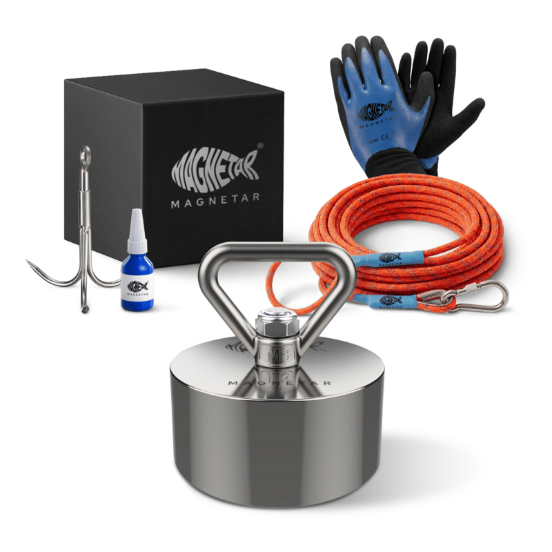 2 Produktfoto eines Terror 360° Neodym-Suchmagnet-Sets mit Enterhaken, geflochtenem Seil, Handschuhen, Kleber und Aufbewahrungsbox für Magnetfischen und Fundbergung