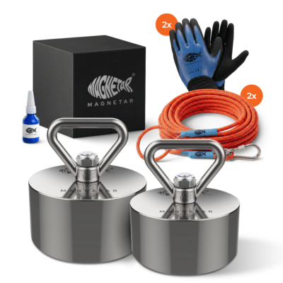 Produktfoto eines Warrior Magnetfischen-Sets mit Terror und Beast Neodym-Bergemagneten, 2 Seilen, 2 Handschuhpaaren, Kleber und Aufbewahrungsbox für Outdoor-Einsätze und Magnetfischen