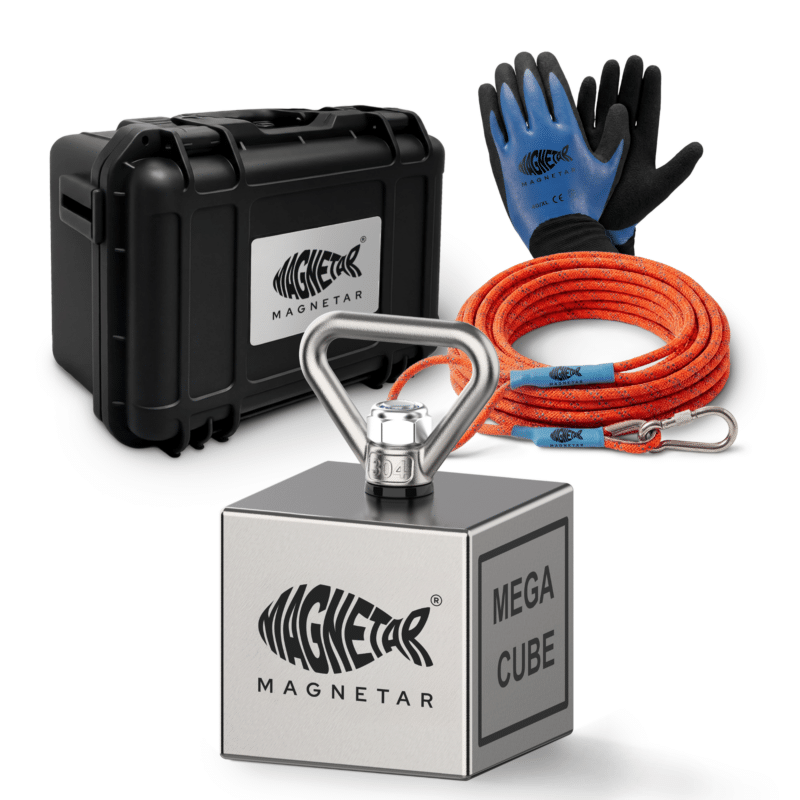 2 Produktfoto Mega Cube Bergemagnet Set für Magnetfischen mit Würfelmagnet, Seil, Handschuhen und Transportkoffer für Outdoor-Einsätze
