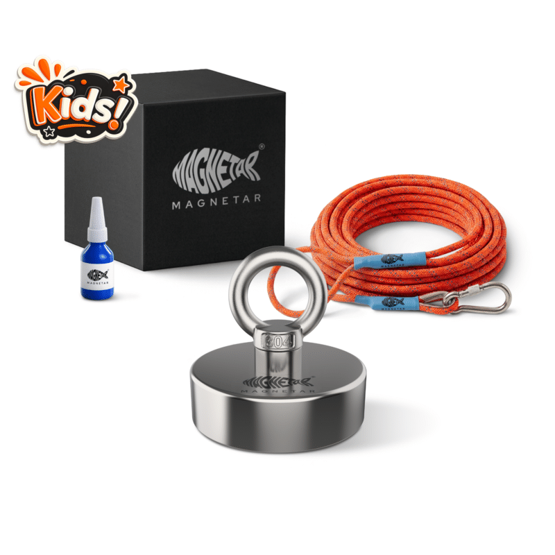2 Produktfoto eines Magnetfischen-Sets für Kinder mit Classic 110 Bergemagnet, orangefarbenem Seil, Sicherungskleber und Box.