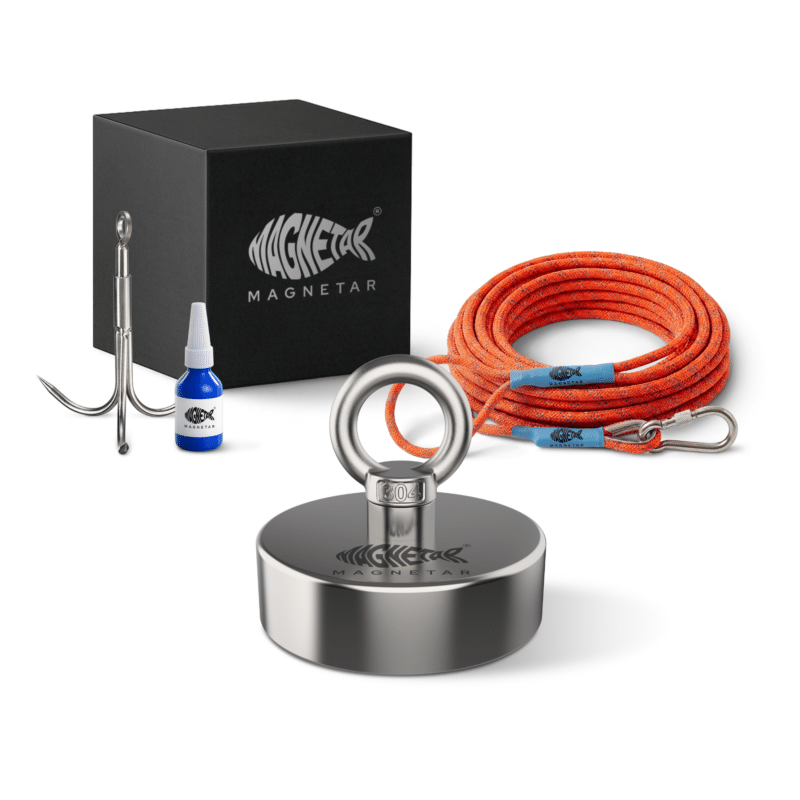 2 Produktfoto des Classic 200 Magnetfischen-Sets mit Bergemagnet, Seil, Enterhaken, Sicherungskleber und Aufbewahrungsbox.