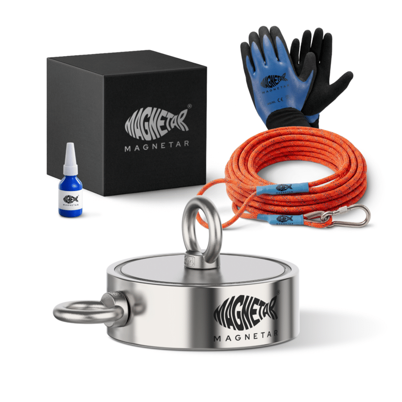 2 Produktfoto des Bulldog 800 Magnetfischen-Sets mit Bergemagnet, Seil, Handschuhen, Sicherungskleber und Aufbewahrungsbox.
