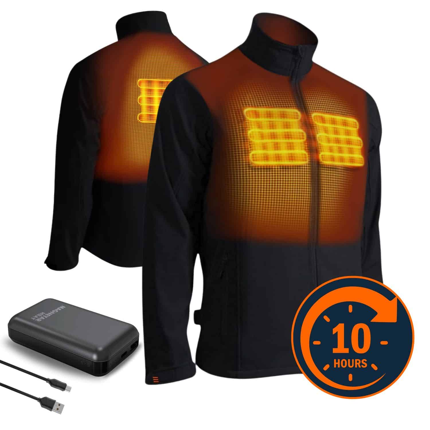 Schwarze beheizbare Softshelljacke mit Heizflächen vorne und hinten, inklusive Powerbank, bietet bis zu 10 Stunden Wärme.