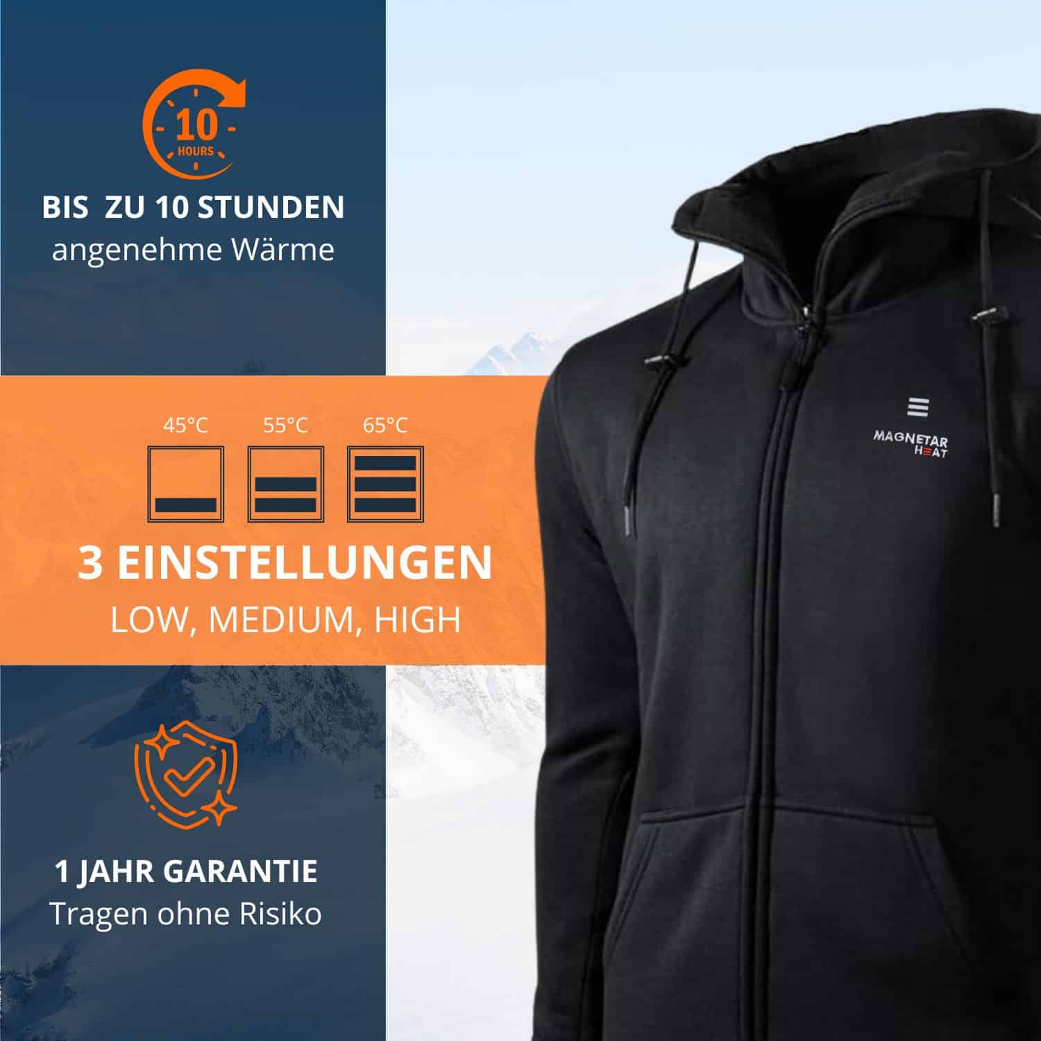 Beheizbare schwarze Jacke mit 3 Wärmestufen bis 65 °C, bis zu 10 Stunden Laufzeit und 1 Jahr Garantie.