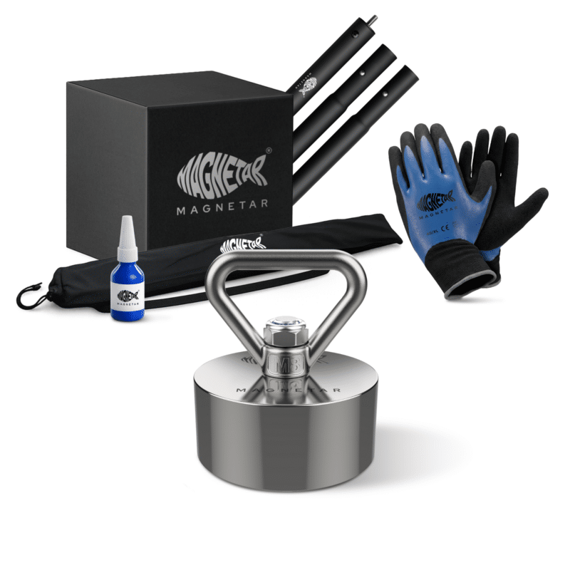 3 Produktfoto Magnetfischen-Komplettset mit Easy 360° Bergemagnet, Magnetstange, Schutzhandschuhen, Kleber und Aufbewahrungsbox für Einsteiger