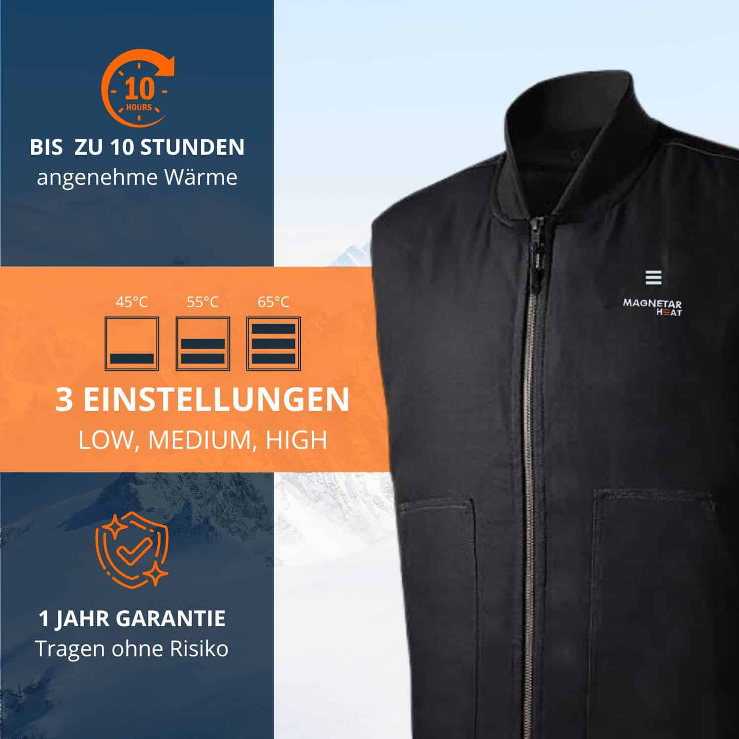 Schwarze beheizbare Weste mit drei Heizstufen bis 65°C, bis zu 10 Stunden Wärme und 1 Jahr Garantie für sorgenfreies Tragen.