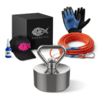 Produktfoto eines Frauen Magnetfischen-Sets mit Neodym-Bergemagnet, Seil, Handschuhen, Kleber, Rosa Cap und Aufbewahrungsbox für Magnetfischen im Freien