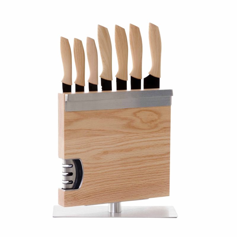 Magnetischer Messerblock mit Messerschärfer - 360° drehbar - Akazienholz - Magnetischer Messerhalter