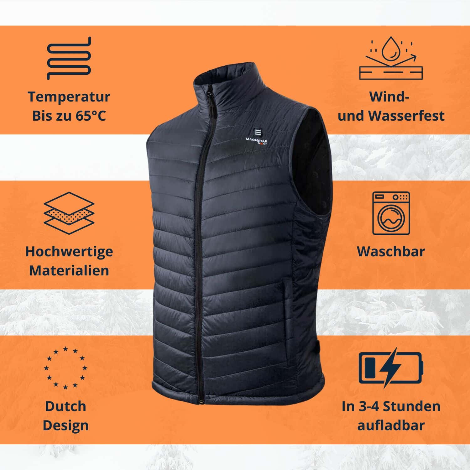 Beheizbare schwarze Steppweste mit Reißverschluss, wind- und wasserfest, bis 65°C warm, waschbar und in 3–4 Stunden aufladbar.