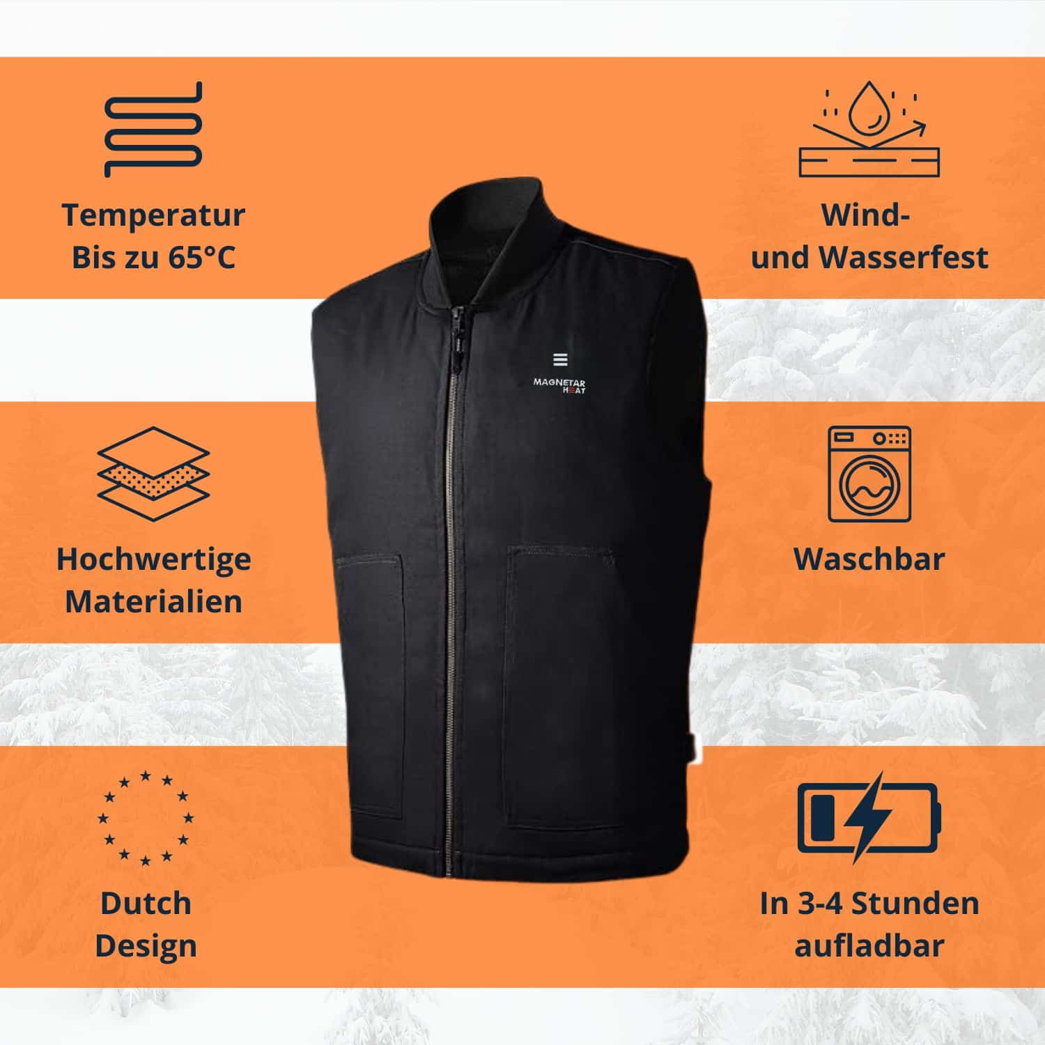 Beheizbare schwarze Weste mit Reißverschluss, wind- und wasserfest, waschbar und in 3–4 Stunden aufladbar, bis 65°C warm.