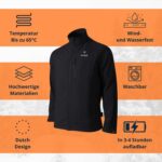 Schwarze beheizbare Softshelljacke mit bis zu 65°C Wärme, wind- und wasserfest, waschbar und in 3–4 Stunden aufladbar.