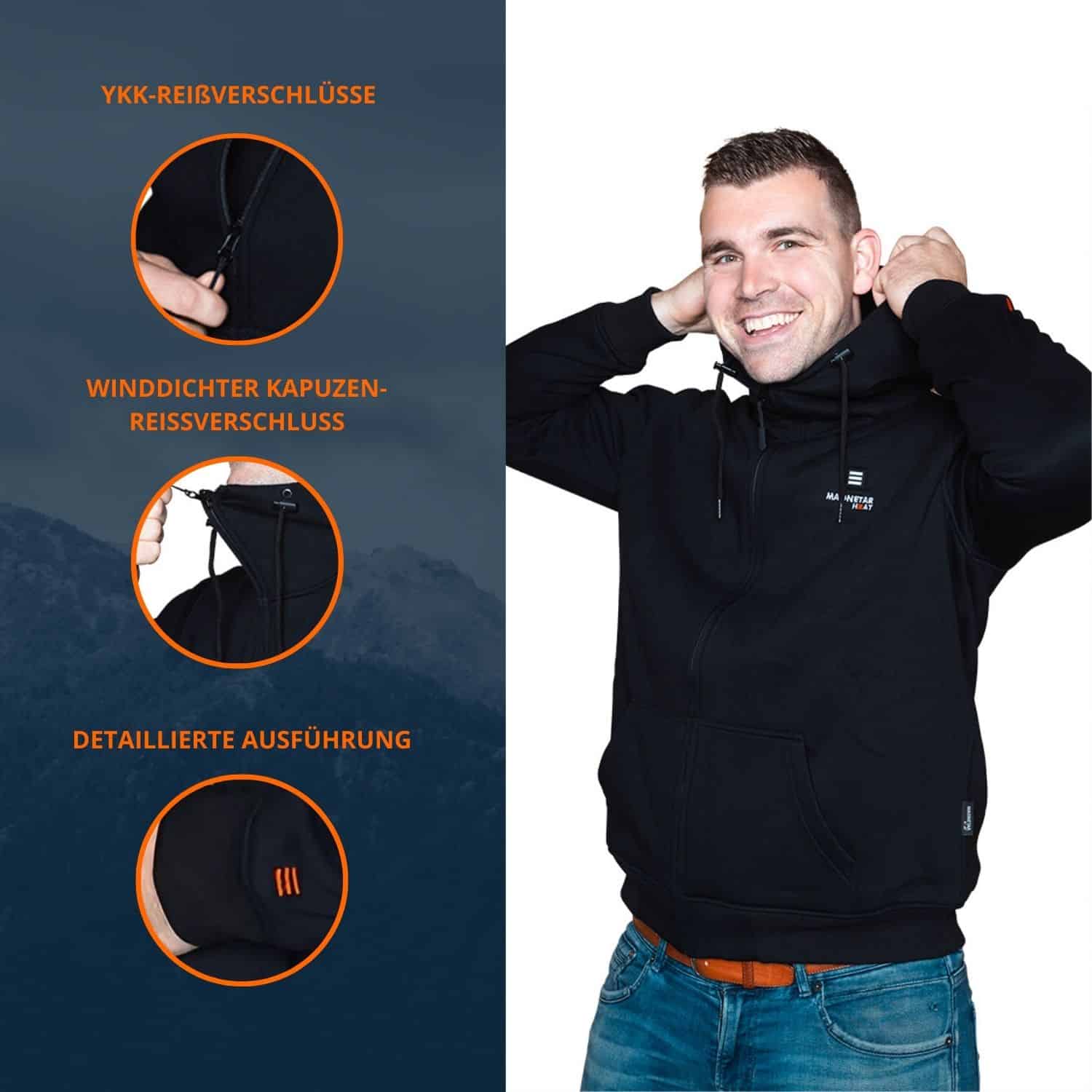 Mann zeigt den schwarzen beheizbaren Magnetar Heat Hoodie mit YKK-Reißverschlüssen, winddichtem Kapuzen-Reißverschluss und detaillierter Ausführung – stilvoll und funktional für kalte Tage.