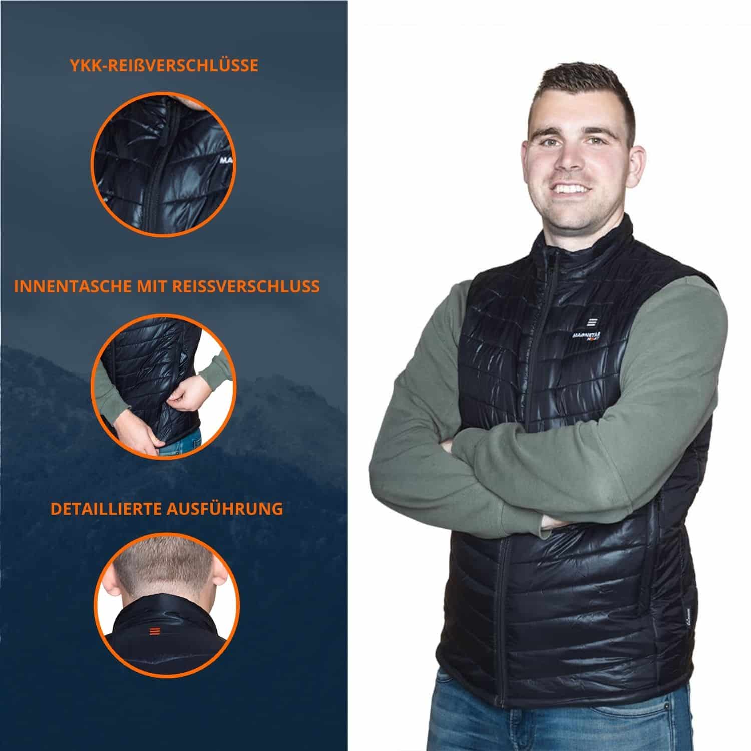 Herren-Weste mit Magnetar Heat Heizsystem, YKK-Reißverschlüssen, Innentasche mit Zipper und hochwertiger Ausführung für kalte Tage.