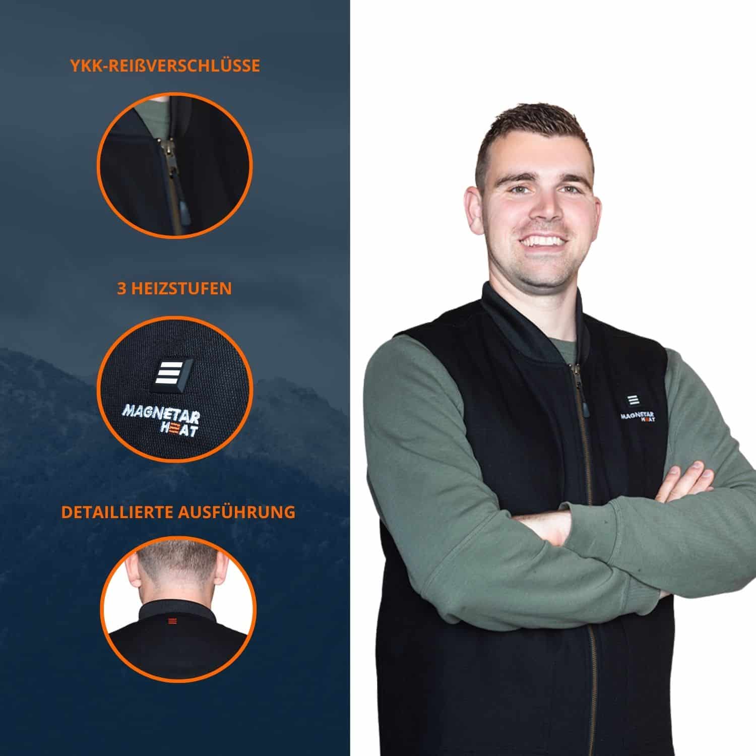 Schwarze beheizbare Magnetar Heat Weste für Herren mit YKK-Reißverschluss, drei Heizstufen und hochwertiger Verarbeitung.