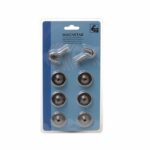 Set mit 6 starken Neodym-Topfmagneten Ø32 mm und 2 Hakenaufsätzen, praktische Blisterverpackung für Haushalt und Werkstatt.