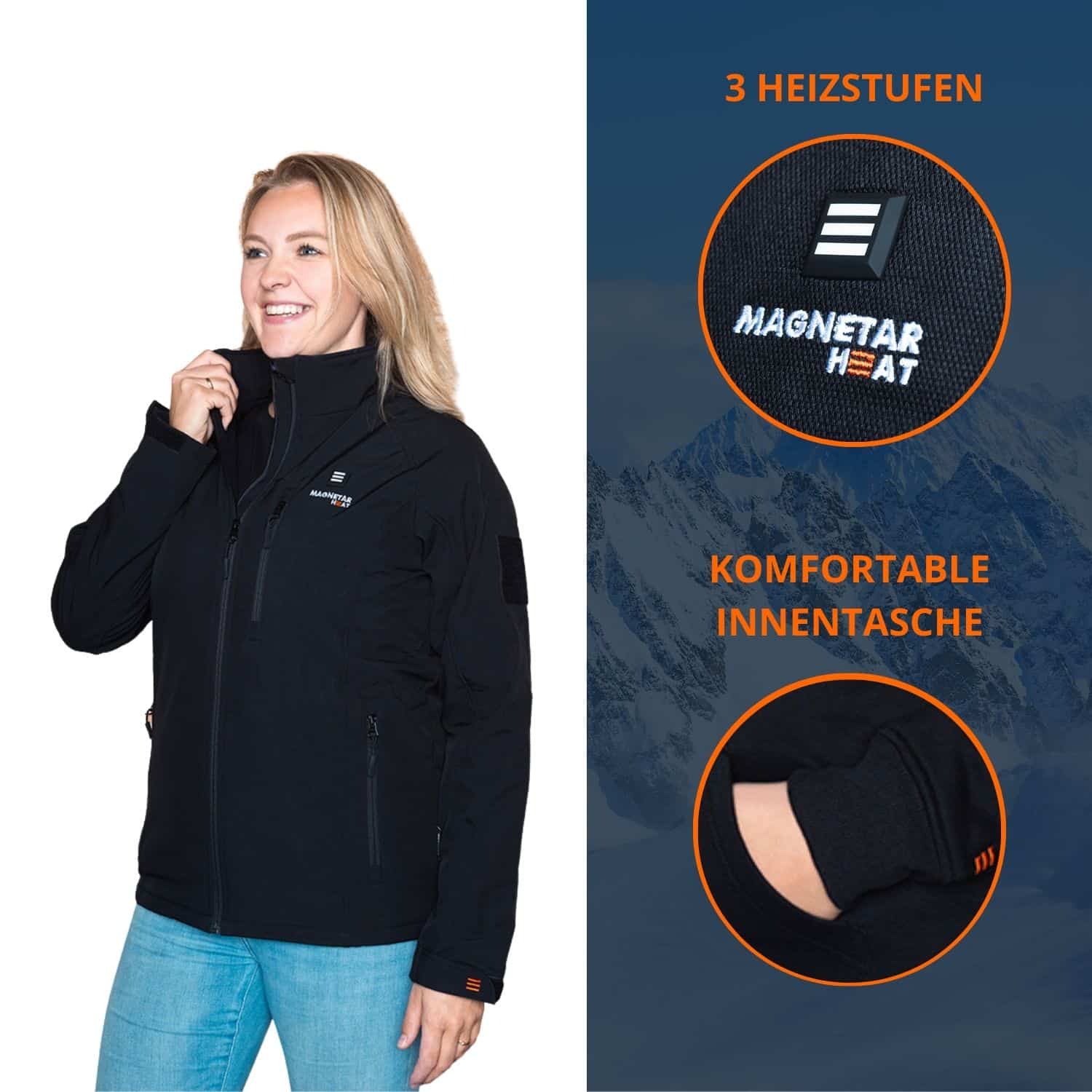 Damen-Softshelljacke mit Magnetar Heat Heizsystem, drei Heizstufen und Innentasche, ideal für Outdoor und kalte Tage.