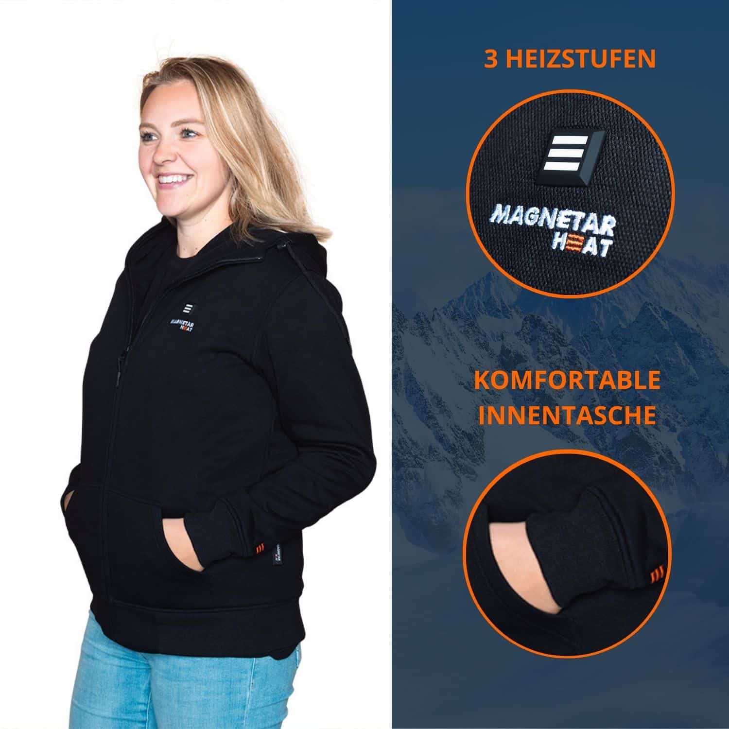Frau trägt den schwarzen beheizbaren Magnetar Heat Hoodie, präsentiert die 3 Heizstufen und die komfortable Innentasche – ideal für Wärme und Komfort an kalten Tagen.