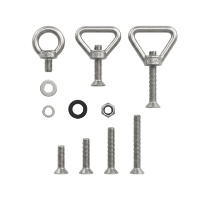Produktfoto Ersatzteile für Bergemagnete mit Dreiecksösen, Ringschraube, Edelstahlschrauben, Unterlegscheiben, Gummiring und Sicherungsmutter aus Edelstahl 304