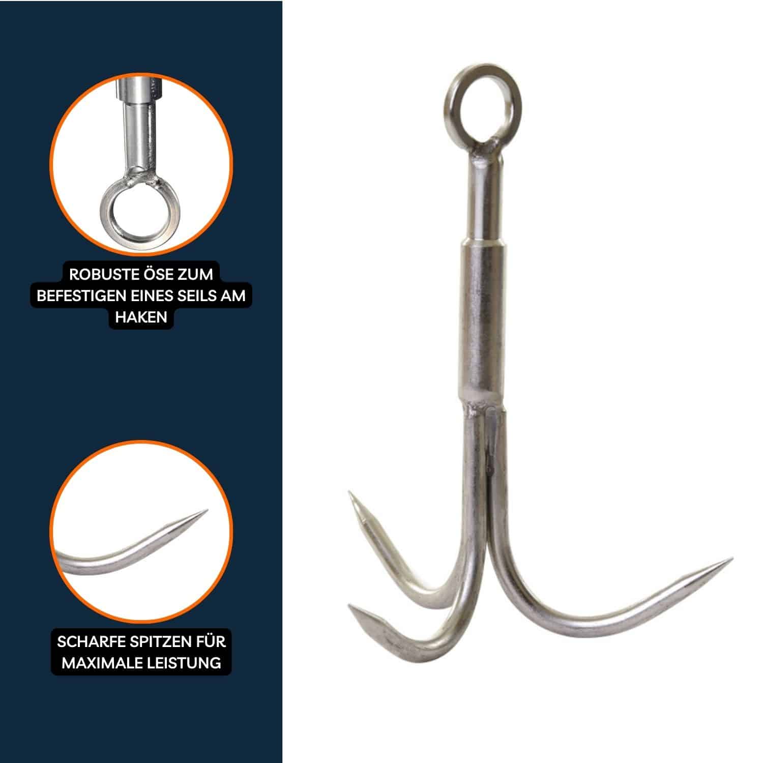 Dreizack-Bergungshaken aus Stahl mit robuster Öse und scharfen Spitzen, Detailfoto für Magnetfischen-Zubehör.