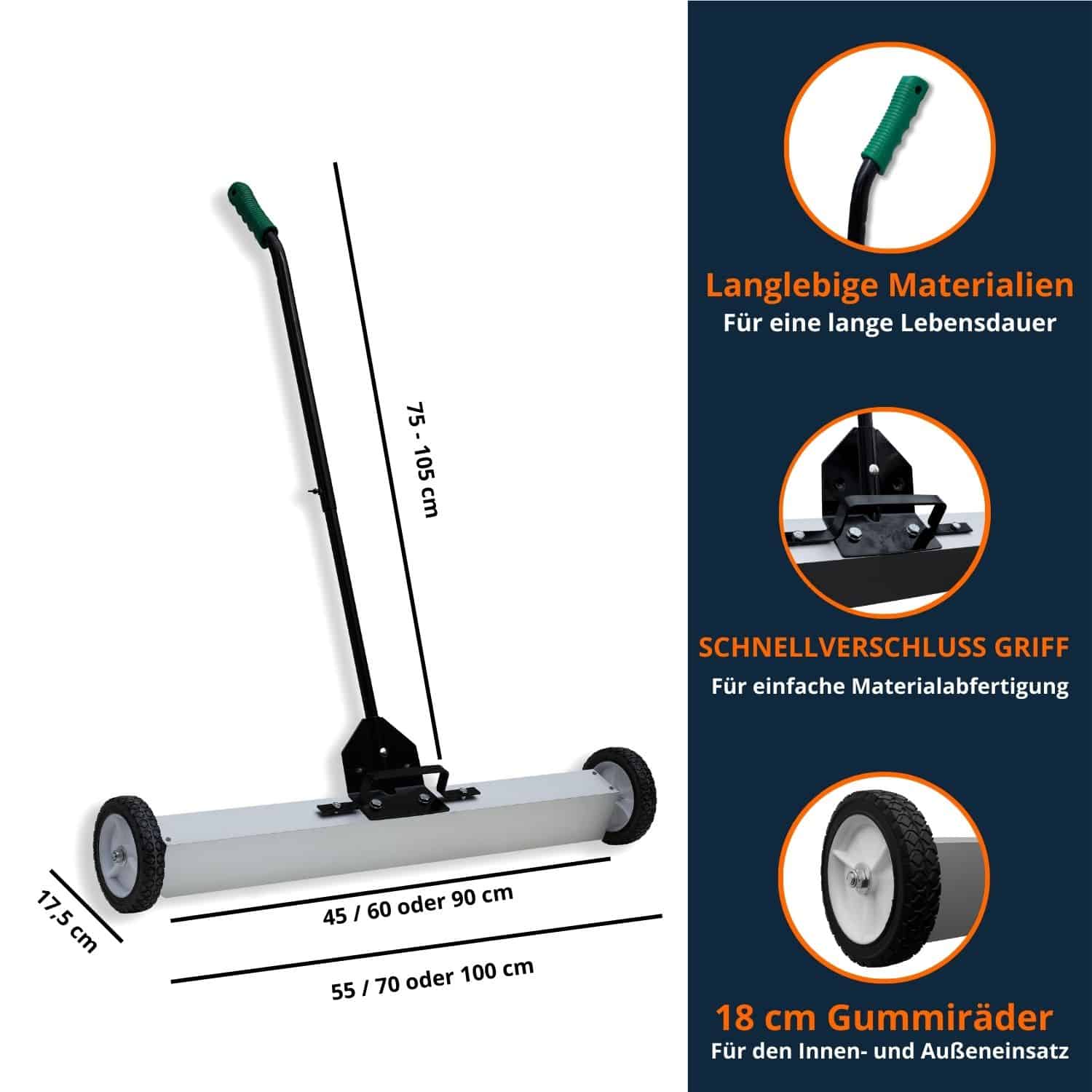 Magnetbesen in drei Breiten (45, 60 oder 90 cm) mit Schnellverschlussgriff und 18 cm Gummirädern, Produktfoto für vielseitigen Einsatz.