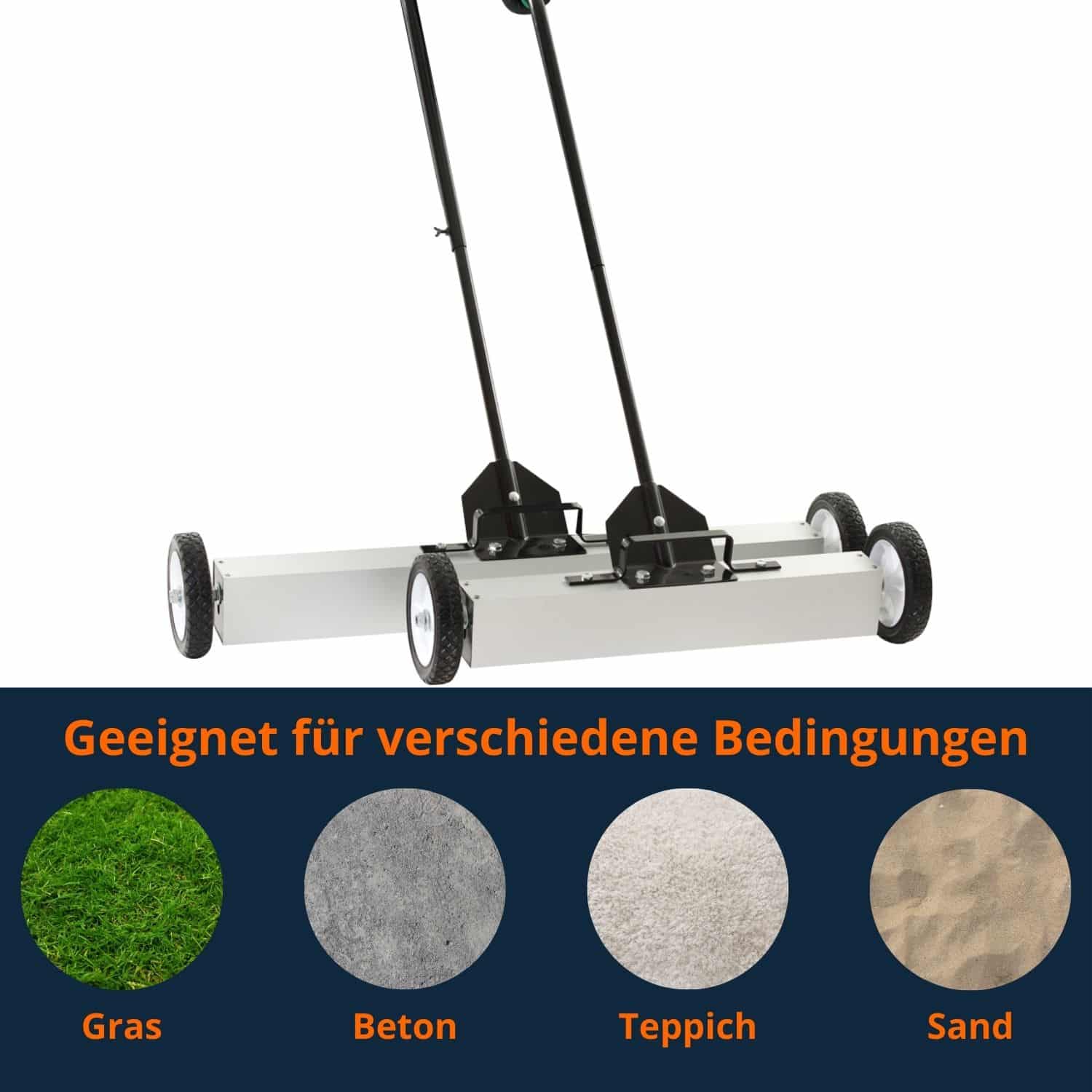 Magnetbesen mit Ferrire-Magnetfläche, geeignet für Gras, Beton, Teppich und Sand, Produktfoto für Profi-Einsatz.
