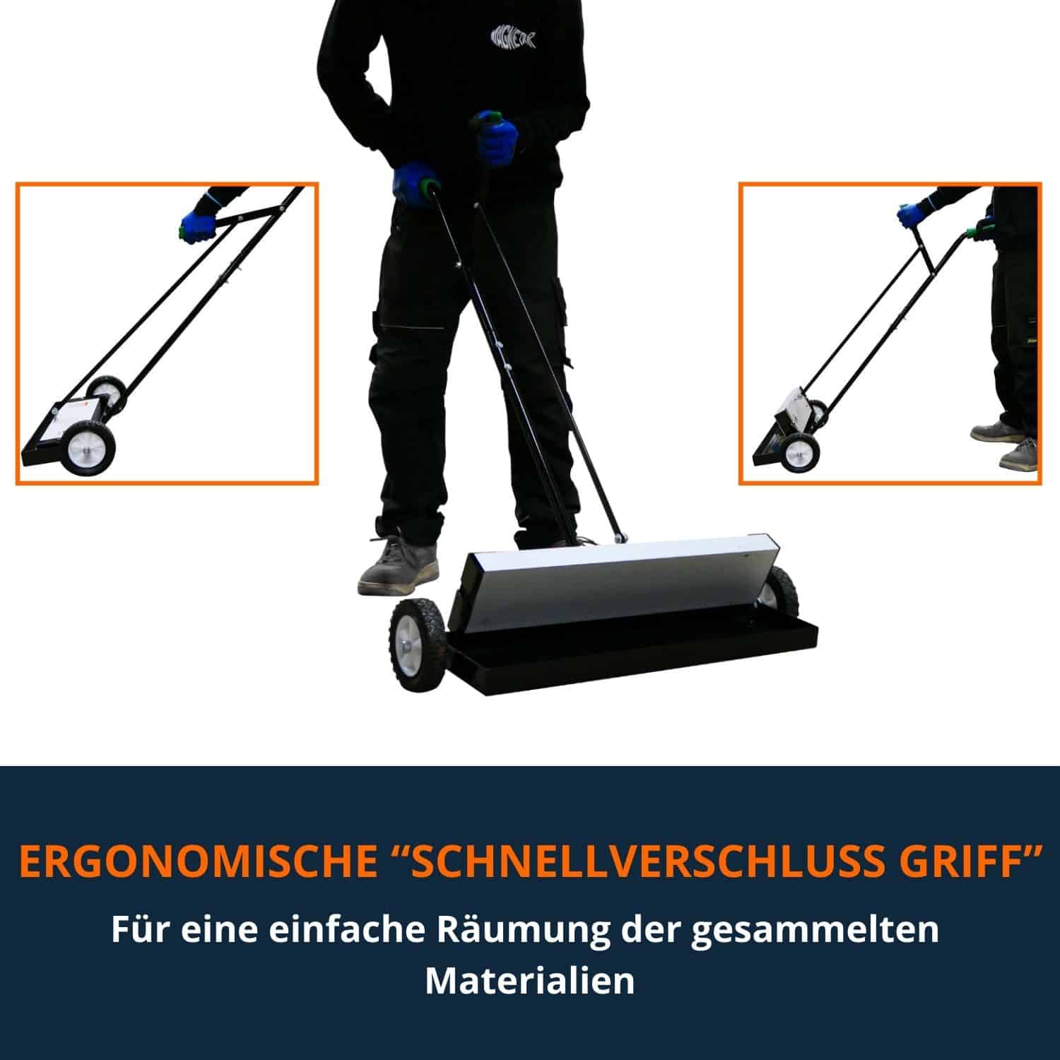 Magnetbesen 2.0 mit ergonomischem Schnellverschlussgriff, Produktfoto zur einfachen Entleerung von gesammelten Metallteilen.