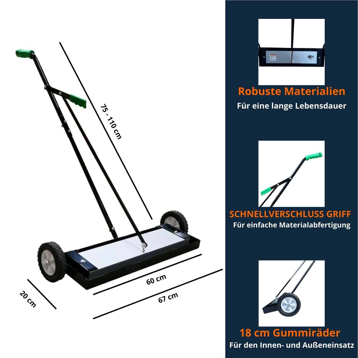 Neodym Magnetbesen 2.0 mit 60 cm Arbeitsbreite, Schnellverschlussgriff und 18 cm Gummirädern für Innen- und Außeneinsatz.