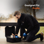 Lifestyle-Bild eines Mega Cube Bergemagneten beim Magnetfischen am Wasser, Profi bereitet Magnet, Seil und Transportkoffer vor