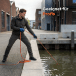 Lifestyle-Bild eines Profis beim Magnetfischen am Kanal mit Bergemagnet und Seil, geeignet für anspruchsvolle Einsätze und große Funde