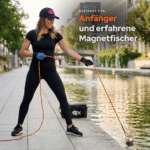 Lifestyle-Bild einer Frau Magnetfischer mit Hardcore Magnetfischen-Set am Kanal, geeignet für Anfänger und erfahrene Magnetfischer beim Magnetfischen