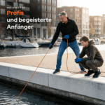 Lifestylebild eines Erwachsenen und Kindes beim Magnetfischen am Hafen mit Neodym-Bergemagnet und Seil, geeignet für Einsteiger und erfahrene Nutzer im Outdoor-Bereich