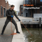 Erfahrene Magnetfischer nutzen robustes Magnetfischen-Seil und blaue Schutzhandschuhe an einem Kanal in städtischer Umgebung.