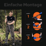 USP-Grafik Magnetfischen-Set mit Aluminiumstange, einfache Montage in drei Schritten und Anwendung im Wasser