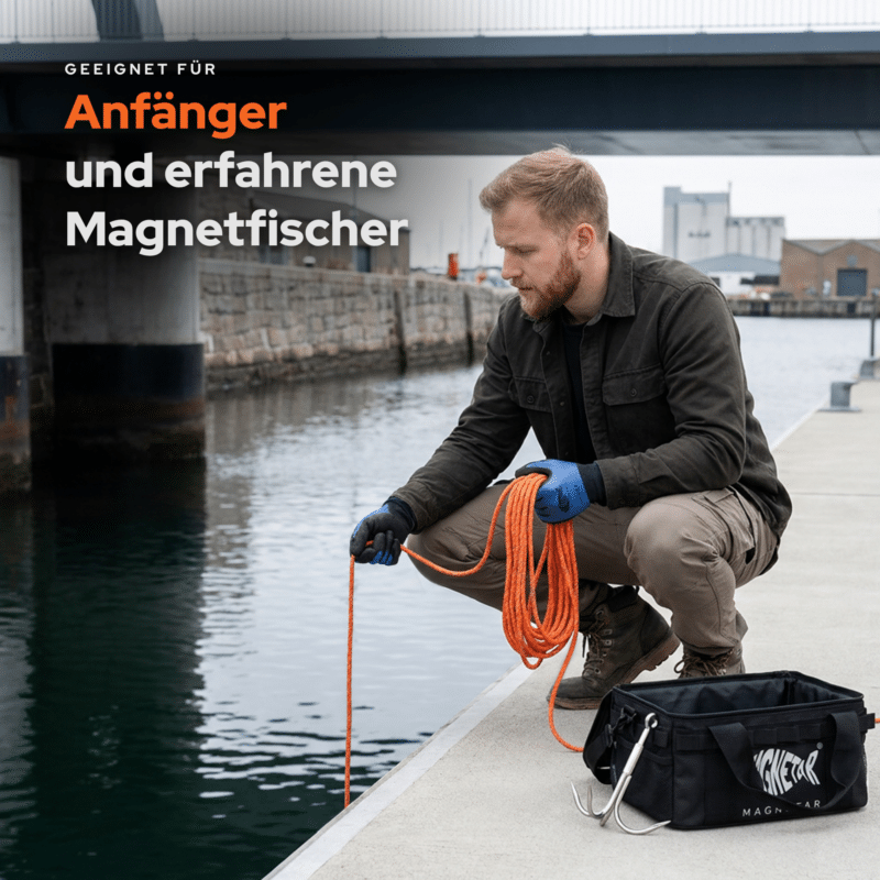 Lifestyle-Bild eines Hardcore Magnetfischen-Sets im Einsatz am Hafen, geeignet für Anfänger und erfahrene Magnetfischer mit Seil und Schutzhandschuhen