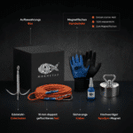 USP Infografik für Magnetfischen Komplettset mit Barbarian Neodym-Magnet, Kletterseil, Handschuhen, Enterhaken und Zubehör auf dunklem Hintergrund