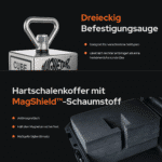 USP-Grafik Cube Bergemagnet mit dreieckiger Befestigungsöse und Hartschalenkoffer mit MagShield-Schaumstoff für sicheren Transport und Schutz beim Magnetfischen