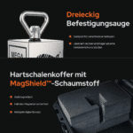 USP-Grafik Mega Cube Bergemagnet mit dreieckiger Befestigungsöse und Hartschalenkoffer mit MagShield-Schaumstoff für sicheren Transport und Schutz beim Magnetfischen