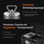 USP-Grafik des Barbarian X Bergemagneten mit dreieckiger Befestigungsöse und Premium-Tasche mit MagShield-Schaumstoff für sicheren Transport beim Magnetfischen