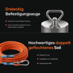 USP Infografik für Magnetfischen mit dreieckiger Befestigungsöse am Barbarian Neodym-Magneten und doppelgeflochtenem orangefarbenem Seil
