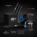 USP-Grafik eines Magnetfischen-Sets mit 360° Neodym-Bergemagnet, Aluminiumstange, Handschuhen, Kleber, Schutztasche und Aufbewahrungsbox für Magnetfischen