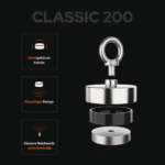 USP-Grafik des Classic 200 Bergemagnets mit Stahlgehäuse, einseitigem Design und kontrollierter Magnetreichweite.