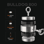 USP-Grafik des Bulldog 800 Bergemagnets mit Stahlgehäuseschutz, doppelseitigem Design und zwei Ösenschrauben für Magnetfischen.