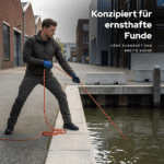 Lifestylebild beim Magnetfischen mit Seil am Hafen, entwickelt für starke Funde, hohe Zugkraft und breite Suche.