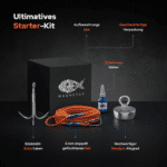 USP-Grafik des Classic 200 Starter-Kits mit Neodym-Bergemagnet, 6-mm-Seil, Enterhaken, Sicherungskleber und Aufbewahrungsbox.