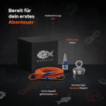 Produktfoto eines Magnetfischen Einsteiger-Sets mit Classic 110 Neodym-Magnet, 6 mm Seil, Sicherungskleber und Aufbewahrungsbox.