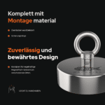 USP-Grafik des Classic 300 Bergemagnets mit Edelstahl-Ösenbolzen, Sicherungsringen und robustem Design fürs Magnetfischen.