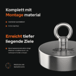 USP-Grafik des Classic 500 Bergemagnets mit Edelstahl-Ösenbolzen, Sicherungsringen und schwerer Bauweise für tiefere Funde.